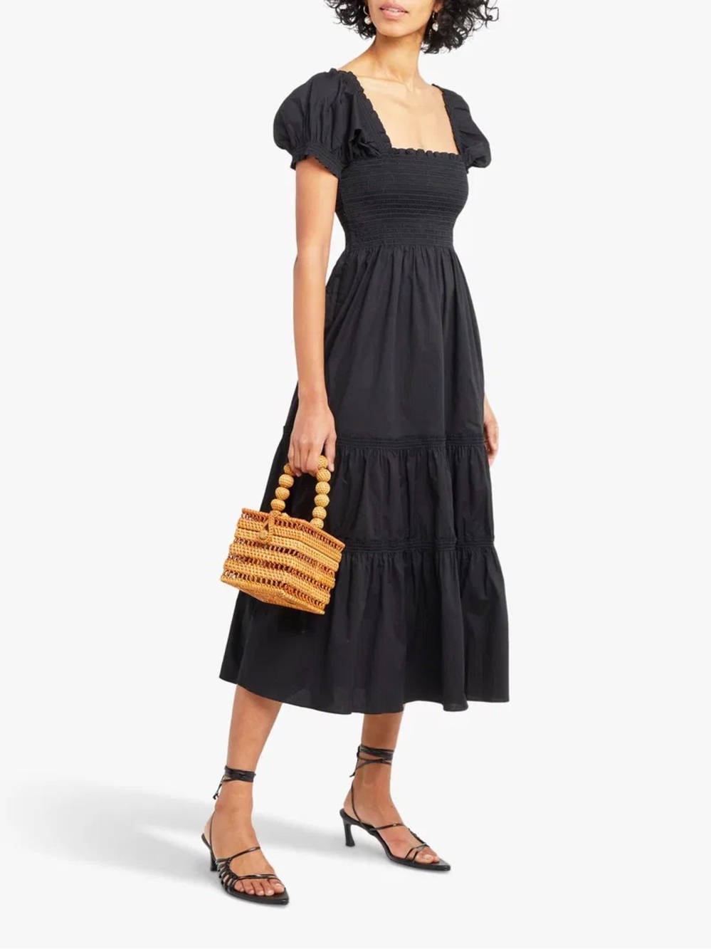 OPT Daphne Square Neck Smocked Dress Puff Sleeves Midi Black 100% Cotton Large